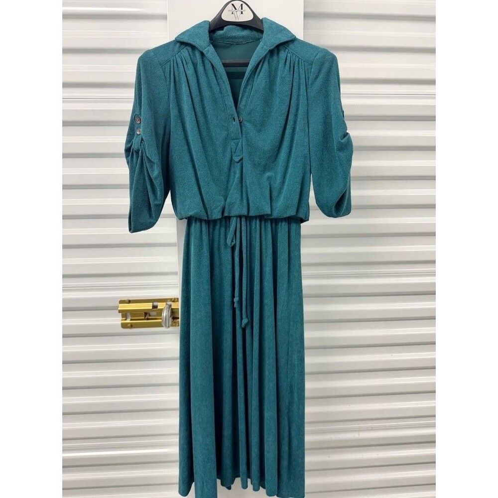Vintage Teal Dress with Drawstring Waist and Sleeve Detail
